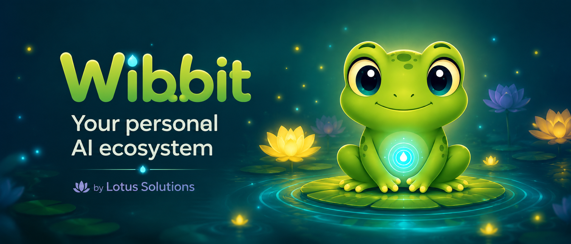 Wibbit frog mascot in a glowing pond ecosystem